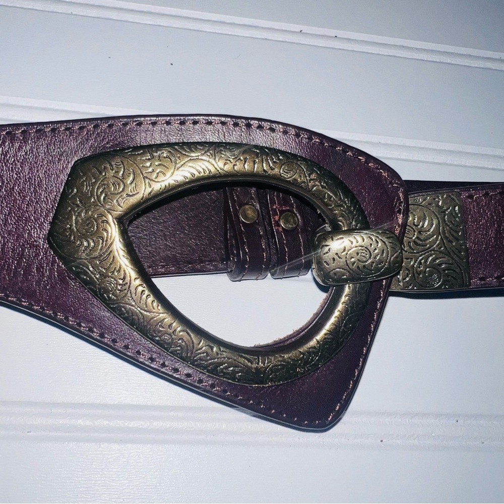 Brown Leather Belt Oversized Brass Buckle Western Equestrian Boho S M 36in